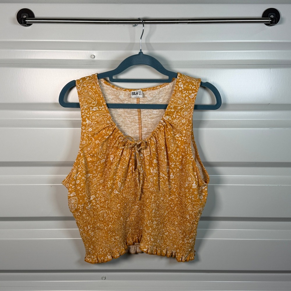 Bila 77 Smocked Tank Top Womens XL Mustard Yellow Paisley Crop Tie Neck